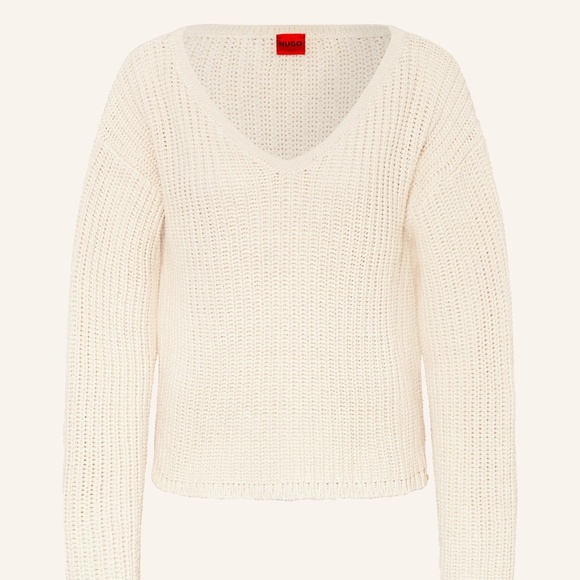 HUGO BOSS Long Sleeve Sweater With V-Neck in Soft Cream, Size Large, NWT - Picture 3 of 10